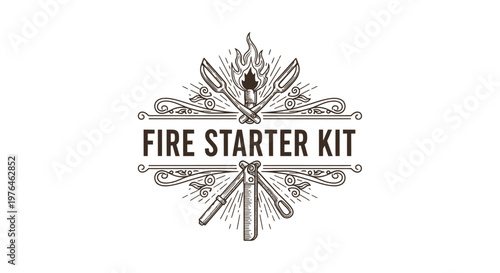 Vintage Engraved Fire Starter Kit Logo with Crossed Matches and Tinder