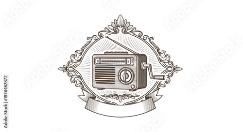 Vintage Engraved Radio Emblem with Crank Handle and Ribbon