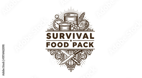 Vintage Survival Food Pack Emblem with Knife, Clock, and Provisions