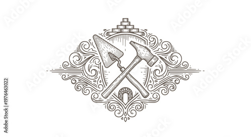Vintage Engraved Masonry Tools Emblem with Ornate Swirls and Brick Arch