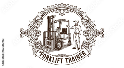 Vintage Forklift Trainer Emblem with Operator and Equipment