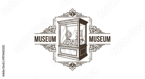 Vintage Engraved Museum Emblem with Display Case and Globe