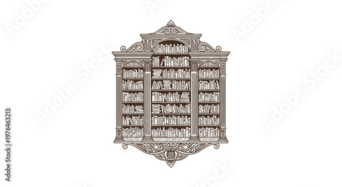 Vintage Engraved Library Bookshelf Illustration