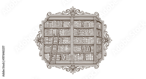 Vintage Bookshelf with Ladder, Engraved Illustration, Library Decor
