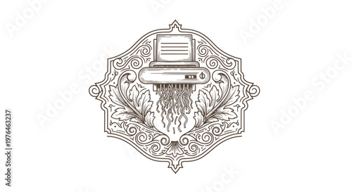 Vintage Engraved Typewriter Shredding Paper with Ornate Border Emblem