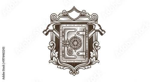 Vintage Engraved Safe Emblem with Hammers and Ornate Frame