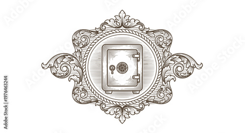 Vintage Engraved Safe Emblem, Security, Treasure Chest, Ornate Border, Trust