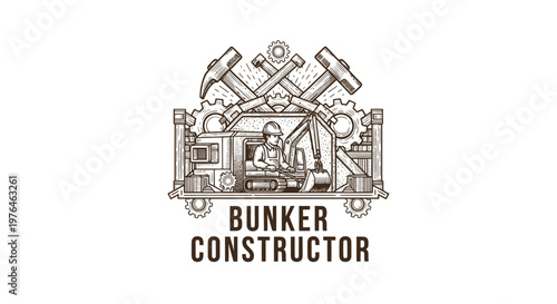 Vintage Engraved Bunker Constructor Logo with Tools and Machinery