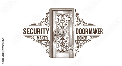Vintage Engraved Door Maker Security Emblem with Keyhole and Ornate Details