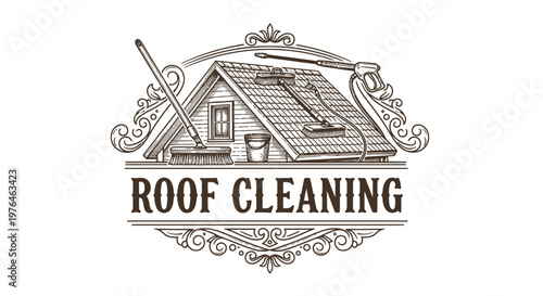 Vintage Engraved Roof Cleaning Logo with Old House and Tools