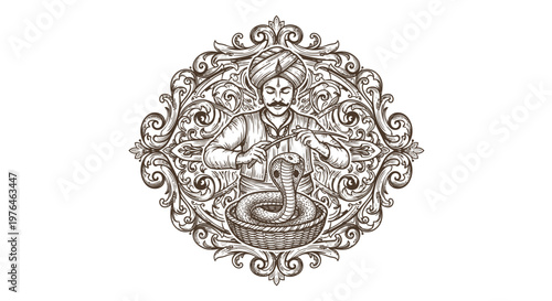 Vintage Engraved Snake Charmer with Cobra in Ornate Frame