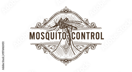 Vintage Mosquito Control Emblem with Engraved Insect Illustration