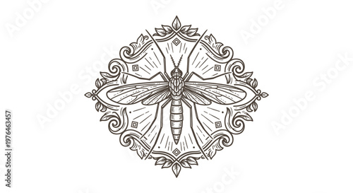Vintage Engraved Mosquito Emblem with Ornate Border