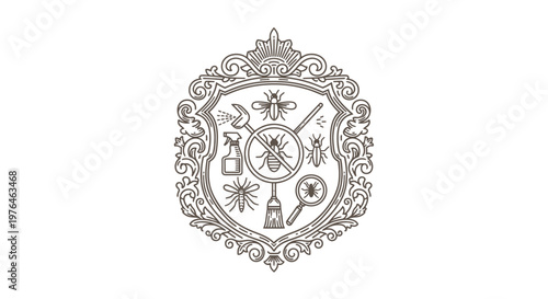 Vintage Pest Control Emblem with Insects and Cleaning Tools