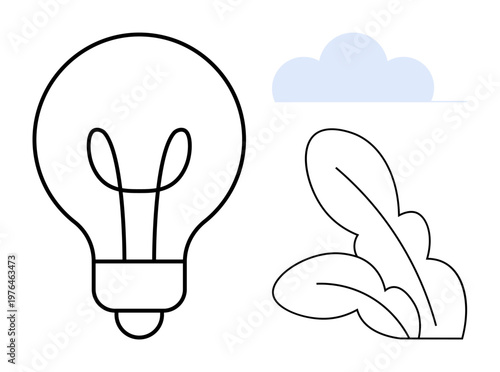 Innovation, sustainability, eco-friendly ideas, green energy, technology, creative solutions. Outline of a lightbulb with leaves and a cloud. Innovation and sustainability concept