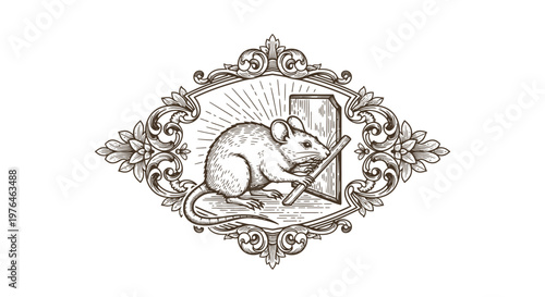 Vintage Engraved Mouse Trying to Open Door in Ornate Frame