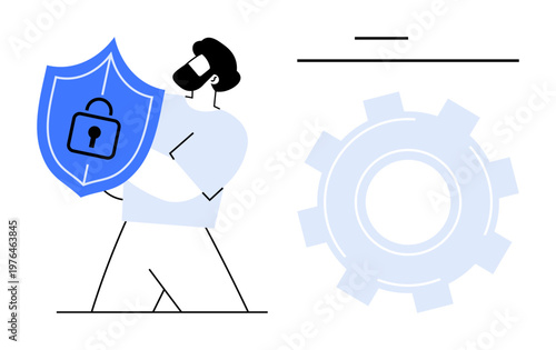 Cybersecurity, data protection, privacy, risk management, online security, confidentiality. A person holding a shield with a lock beside a gear symbol. Cybersecurity and data protection concept