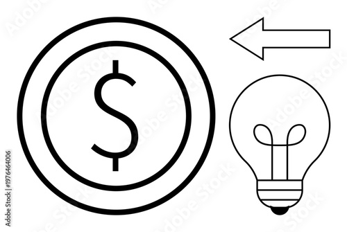 Financial innovation. Features a dollar icon, light bulb ideas, and arrow for direction. Financial innovation in savings, investments, creative solutions, business, strategy