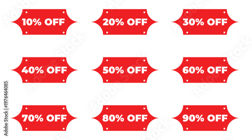 Red Discount Sale Badges Set – 10 to 90 Percent Off Vector Labels Collection