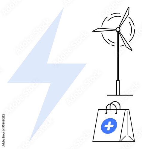 Renewable energy, eco-friendly solutions, medical services, online shopping, sustainability, healthcare. Wind turbine, lightning bolt shopping bag with a medical cross. Renewable energy