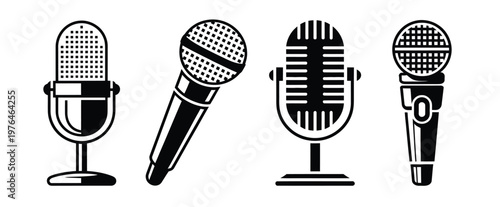 Vintage microphone illustration set, classic retro mic designs in various styles for music recording broadcasting and audio media design.