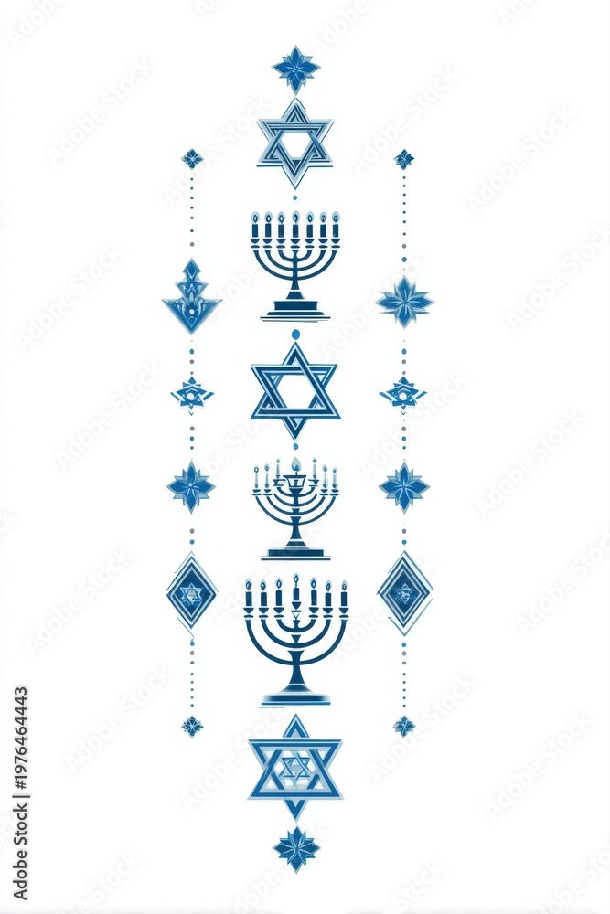 Naklejka premium Elegant Hanukkah Vertical Decorative Element Featuring Blue Star of David and Menorah Illustrations on a Clean White Background Perfect for Jewish Holiday Invitations Cards and Festive Stationery