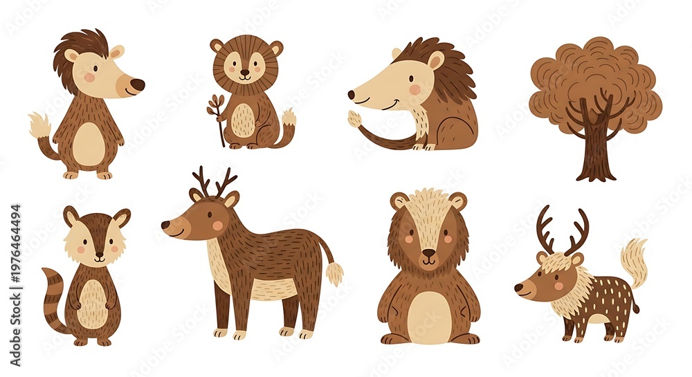 Fototapeta premium Set of cute cartoon animals and a tree in brown colors illustration