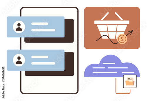 Digital transformation, e-commerce, business communication, cloud technology, online transactions, data sharing. Chat bubbles, shopping basket with growth chart cloud computing. Digital