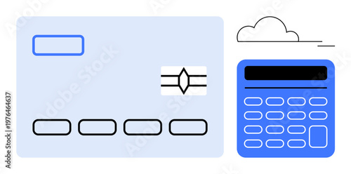 Financial management, budgeting, online payments, fintech, cloud integration, digital banking. A credit card beside a calculator under a cloud illustration conveys finance and budgeting . Financial