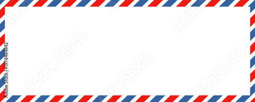 Airmail envelope frame with blue and red stripes on white background. International vintage letter border. Retro air mail postcard.