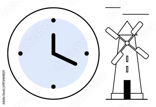 Time management, renewable energy, scheduling, eco-friendly living, productivity, rural aesthetics. A clock with visible hour hands next to a traditional windmill. Time management and renewable