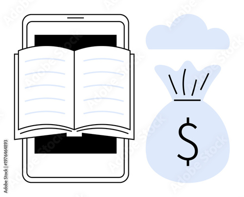 Online education, digital commerce, e-learning, financial management, knowledge economy, technology tools. Open book on phone beside dollar sign moneybag. Online education and digital commerce