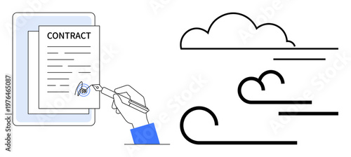 Contracts, legal signing, efficiency, business transactions, fast agreements, paperwork. A hand signing a contract alongside wind lines and clouds. Legal signing and efficiency in business process