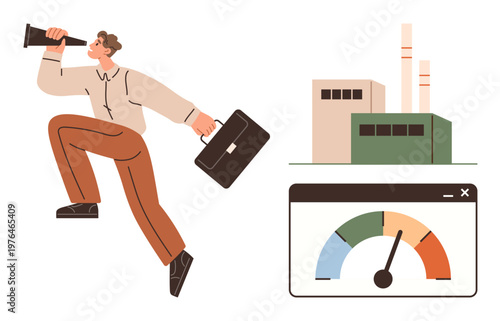 Business development, energy efficiency, industrial progress, productivity, performance tracking, sustainability. Person with briefcase and spyglass beside factory and performance gauge. Business