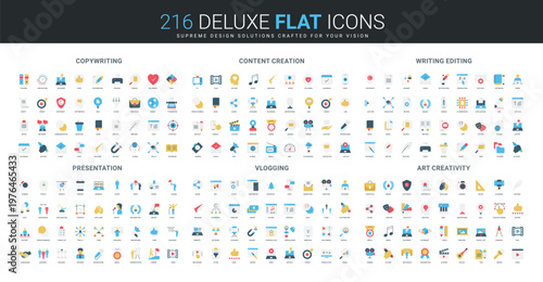 Comprehensive flat icon collection covering copywriting, content creation, editing, presentation, vlogging, art creativity, ideal for digital media and creative projects isolated vector illustration