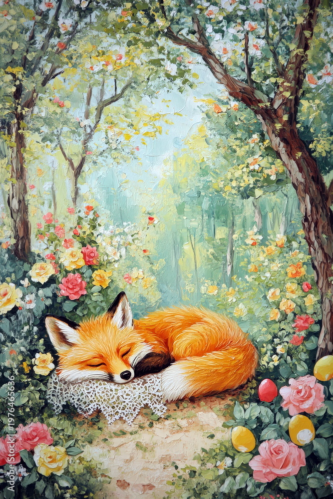 Fototapeta premium Fox sleeping on a blanket in a garden filled with flowers and trees during a sunny day
