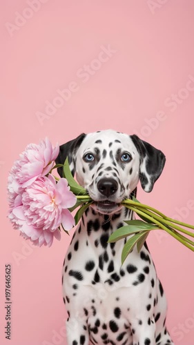 Dalmatian dog holding pink peonies in mouth. Cute pet with bouquet of flowers against pink background. Vertical looping video for spring, Valentine's Day, Birthday video greeting card with copy space