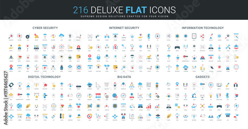 Comprehensive flat icon set covering cyber security, internet security, information technology, digital technology, big data, and gadgets concepts isolated vector illustration