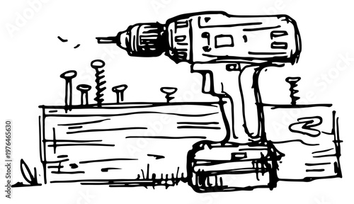 Cordless power drill with screws on wooden board for carpentry hand drawn sketch
