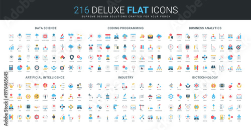 Comprehensive flat icon collection covering data science, coding, business analytics, artificial intelligence, industry, biotechnology concepts, modern technology research isolated vector illustration
