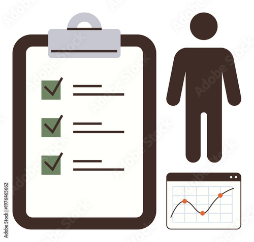 Task management, business goals, productivity tracking, performance evaluation, workflow planning, strategic development. Includes a checklist, human figure and line graph chart. Task management