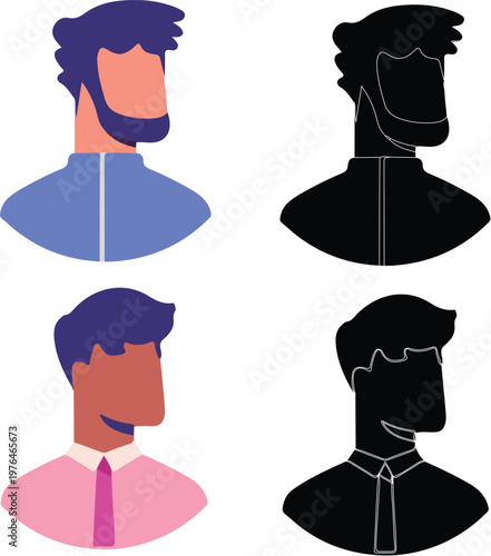 男性の顔なしアバターとシルエットのイラストセット(male faceless avatars in colorful flat design and black silhouettes)