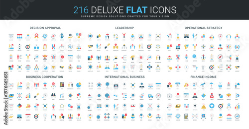 Comprehensive flat icon set covering decision approval, leadership, operational strategy, business cooperation, international business, and finance income isolated vector illustration