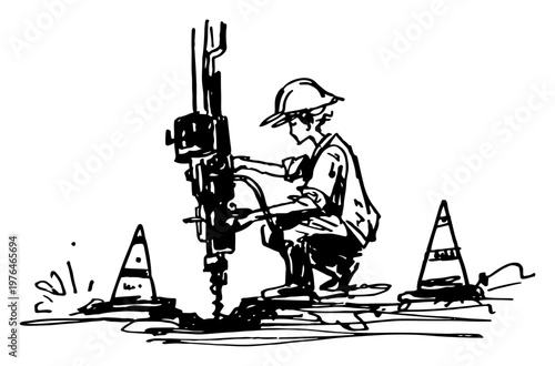 Construction worker using pneumatic jackhammer to break pavement between traffic cones in a hand drawn sketch style