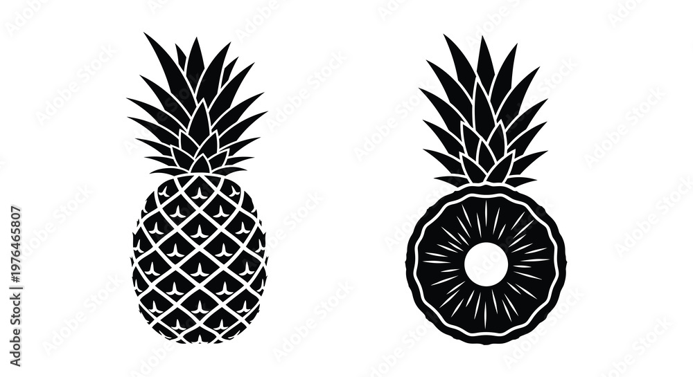 Obraz premium Two pineapples one whole and one sliced in black silhouette
