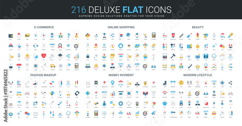Colorful flat icon collection covers e-commerce, online shopping, beauty, fashion, payment, and modern lifestyle concepts, each symbolizing digital trends isolated vector illustration