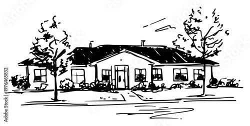 Suburban family house with trees and garden landscape in hand drawn sketch style