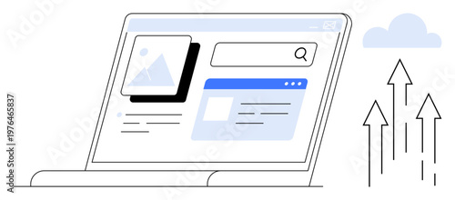 Cloud storage, data sharing, online search, web solutions, file management, technology. A laptop displaying search bar, files and upload arrows pointing at a cloud. Cloud storage and data sharing