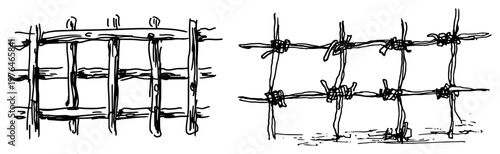 Wooden fence sections with lattice grid and tied poles sketch illustration