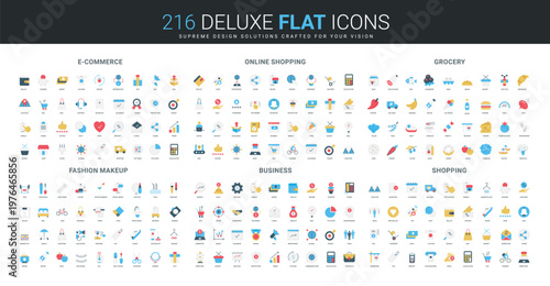 Colorful flat icons covering e-commerce, online shopping, grocery, fashion, business, and retail themes with modern minimal style isolated vector illustration